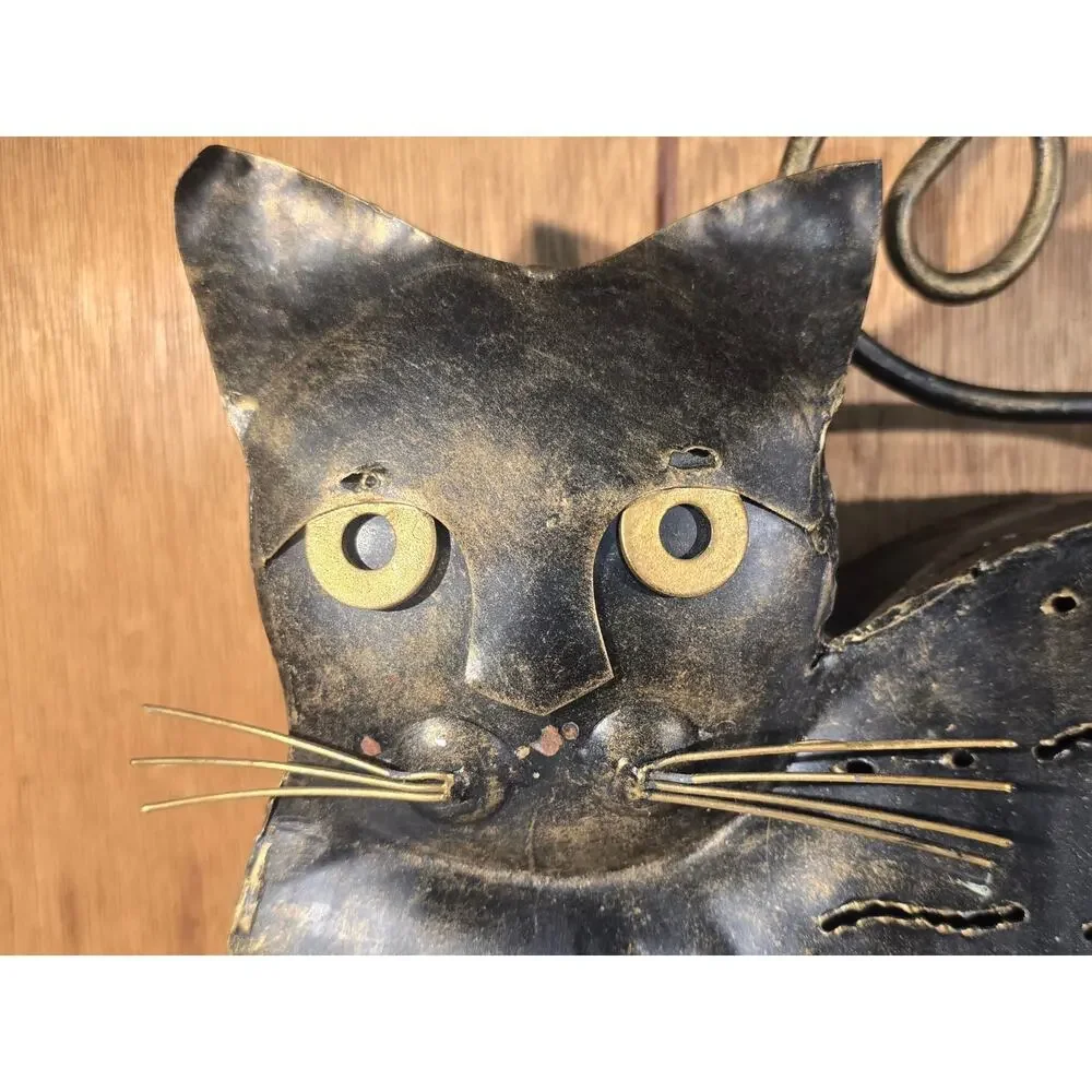 Metal Cat Candle Holder Lantern Black Gold Pierced Folk Art Indonesia 11